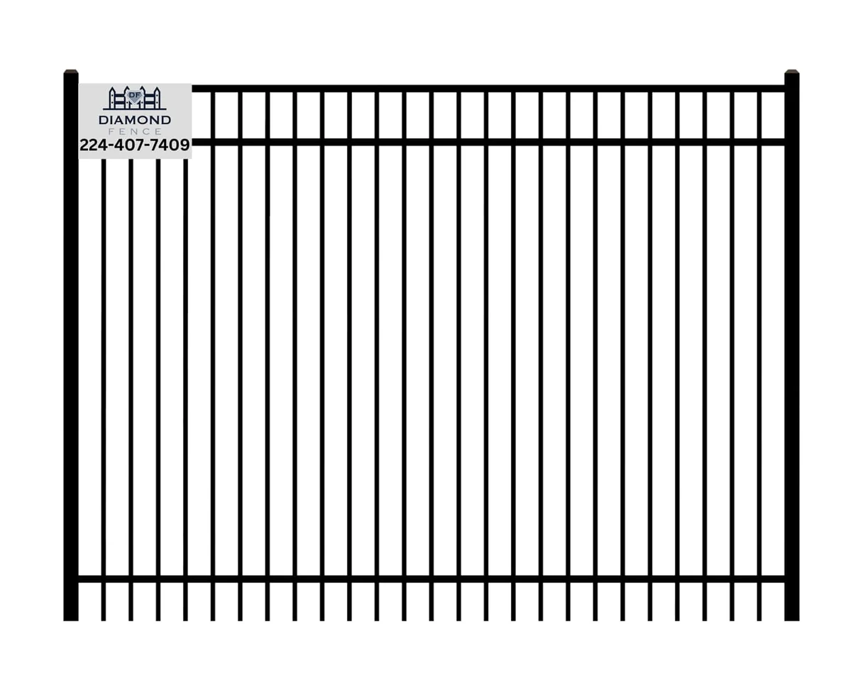 Full-height black aluminum fence panel with vertical pickets and flat top rail installed by Diamond Fence