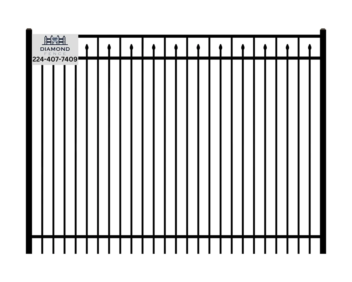 Full-height black aluminum security fence with vertical pickets and spear finials, featuring Diamond Fence logo and phone number (224-407-7409)