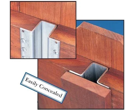Close-up diagram showing galvanized steel L-bracket concealed inside wooden fence post for added strength and clean aesthetic, labeled “Easily Concealed”
