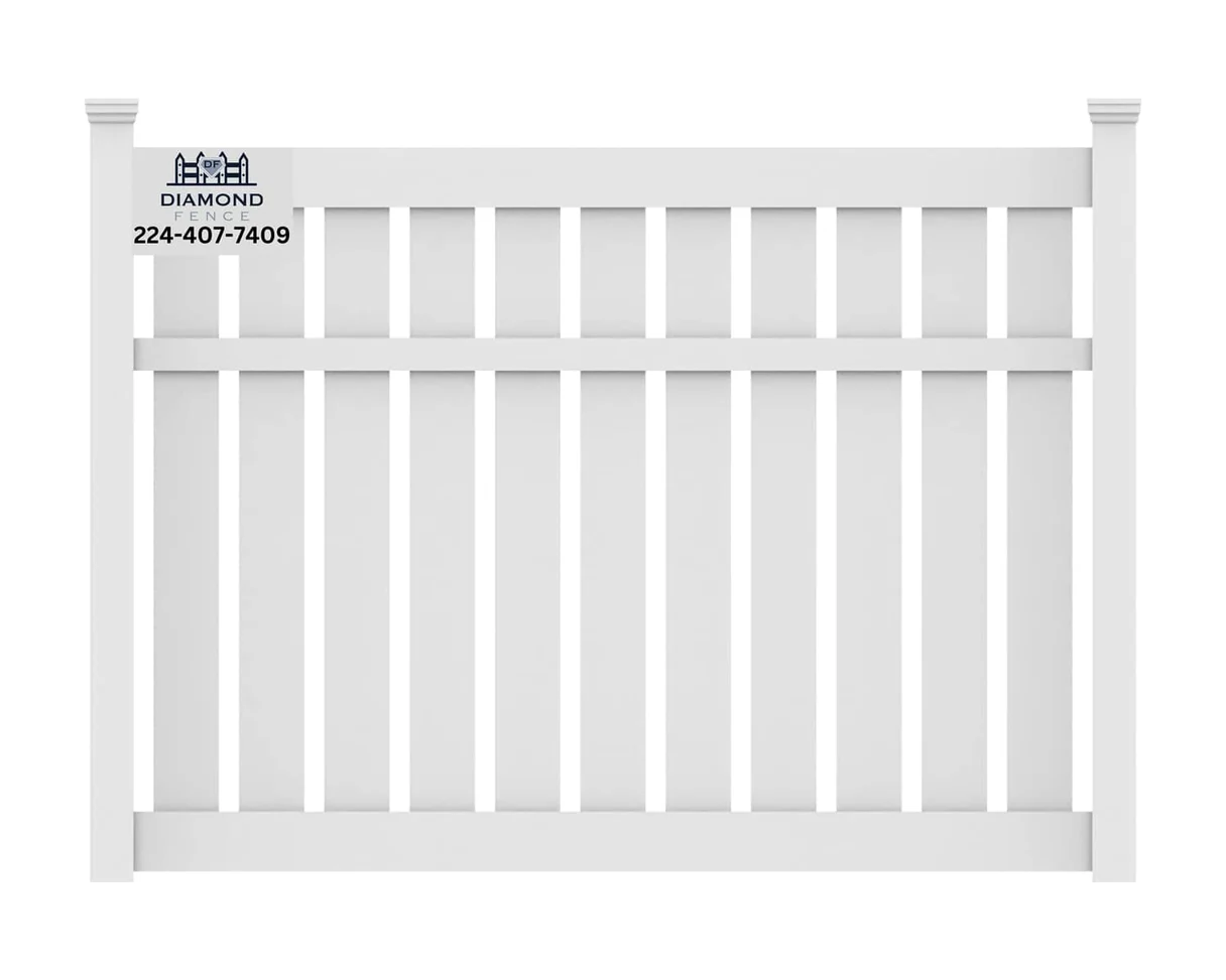 Clean white vinyl semi-privacy fence featuring vertical pickets with a central horizontal rail for partial visibility, ideal for front yards or pool areas