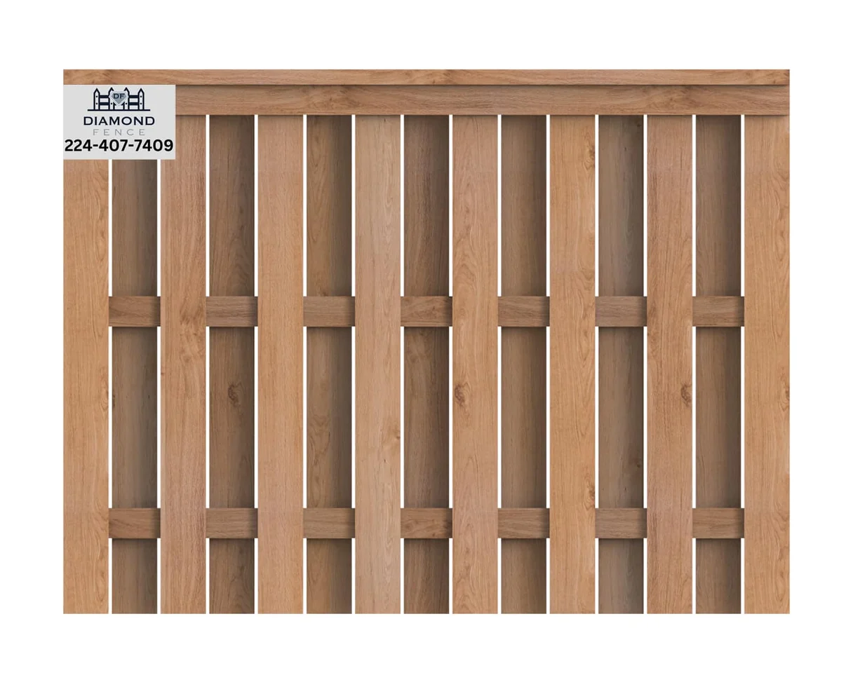 Decorative wood fence with vertical pickets and two horizontal accent rails creating a lattice effect, adds visual interest while maintaining partial privacy