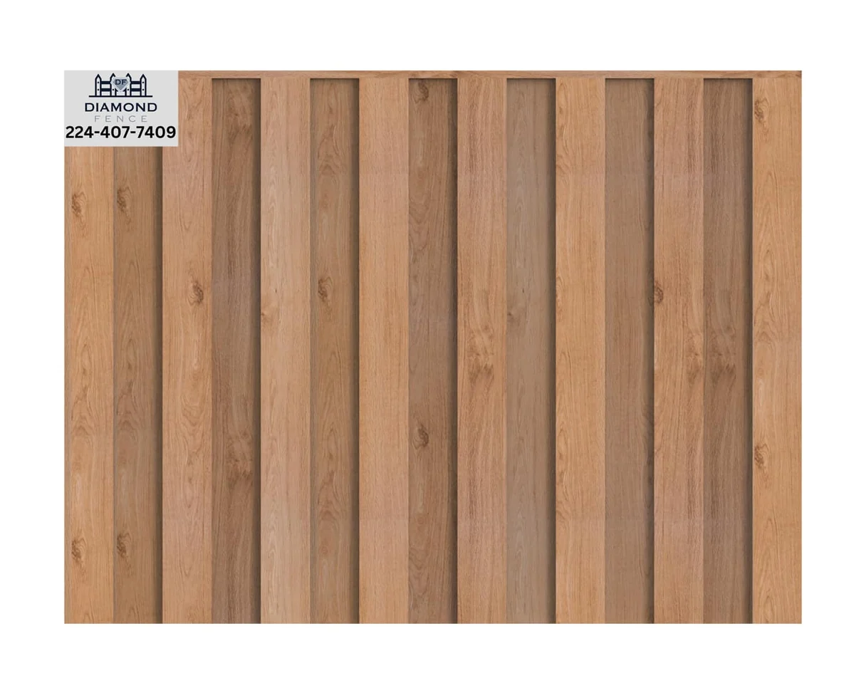 Seamless solid wood privacy fence with tightly fitted vertical boards and no gaps, offers maximum seclusion and natural grain texture; branded with Diamond Fence contact info