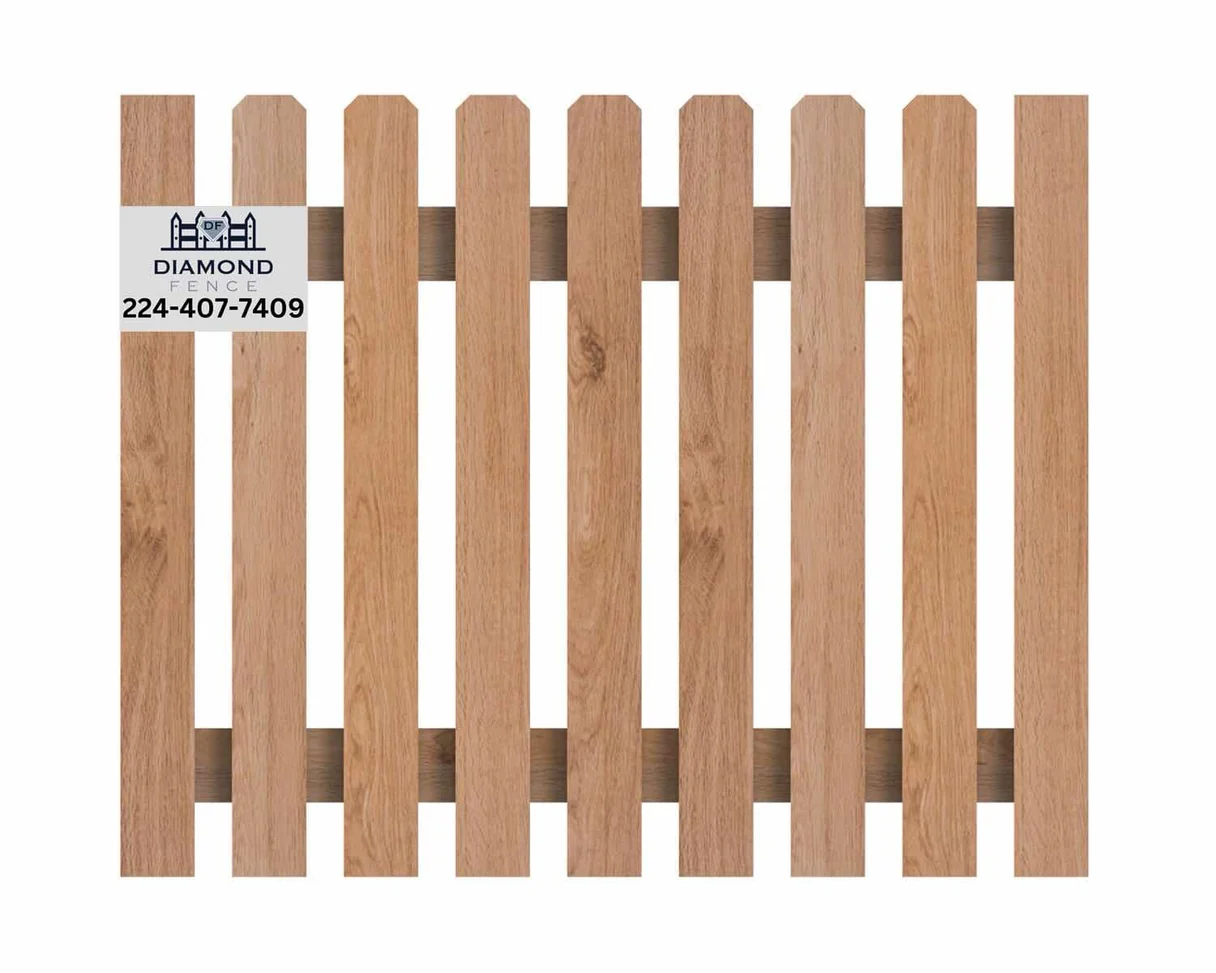 Classic wooden picket fence with flat-topped vertical slats and dual horizontal rails, ideal for front yards or garden borders in Chicagoland homes