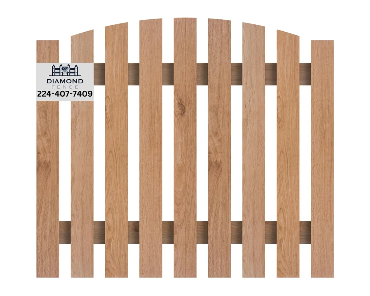Wooden shadowbox fence panel featuring alternating pickets and gently curved top rails, combines privacy, airflow, and contemporary design; includes Diamond Fence logo and phone (224-407-7409)