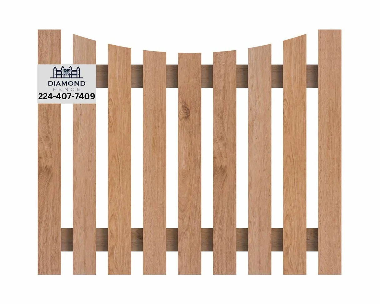 Wooden shadowbox fence with alternating pickets on both sides of rails, provides partial privacy while allowing airflow and visual depth