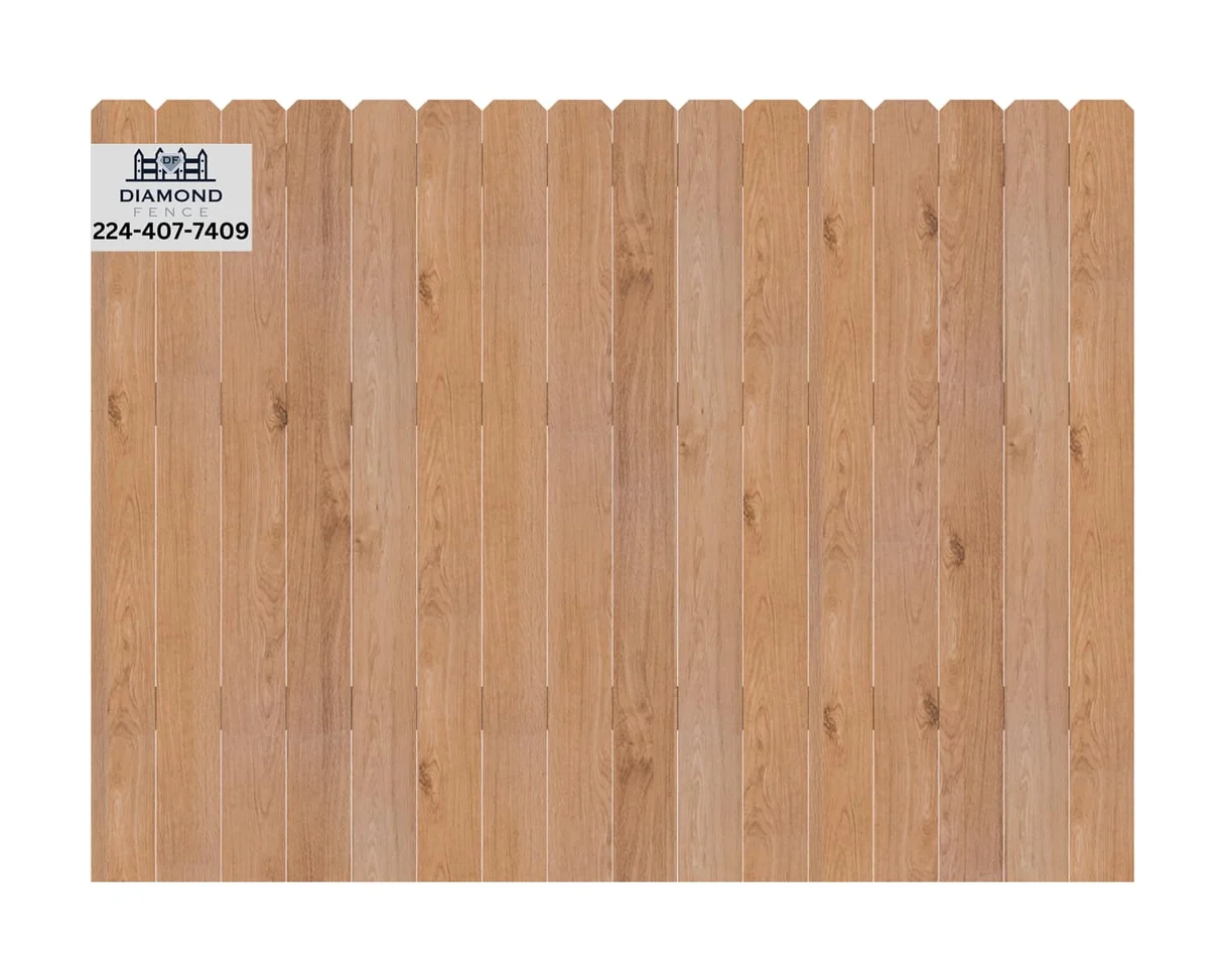 Natural wood picket fence with dog-eared tops and uniform spacing, perfect for front yards and gardens