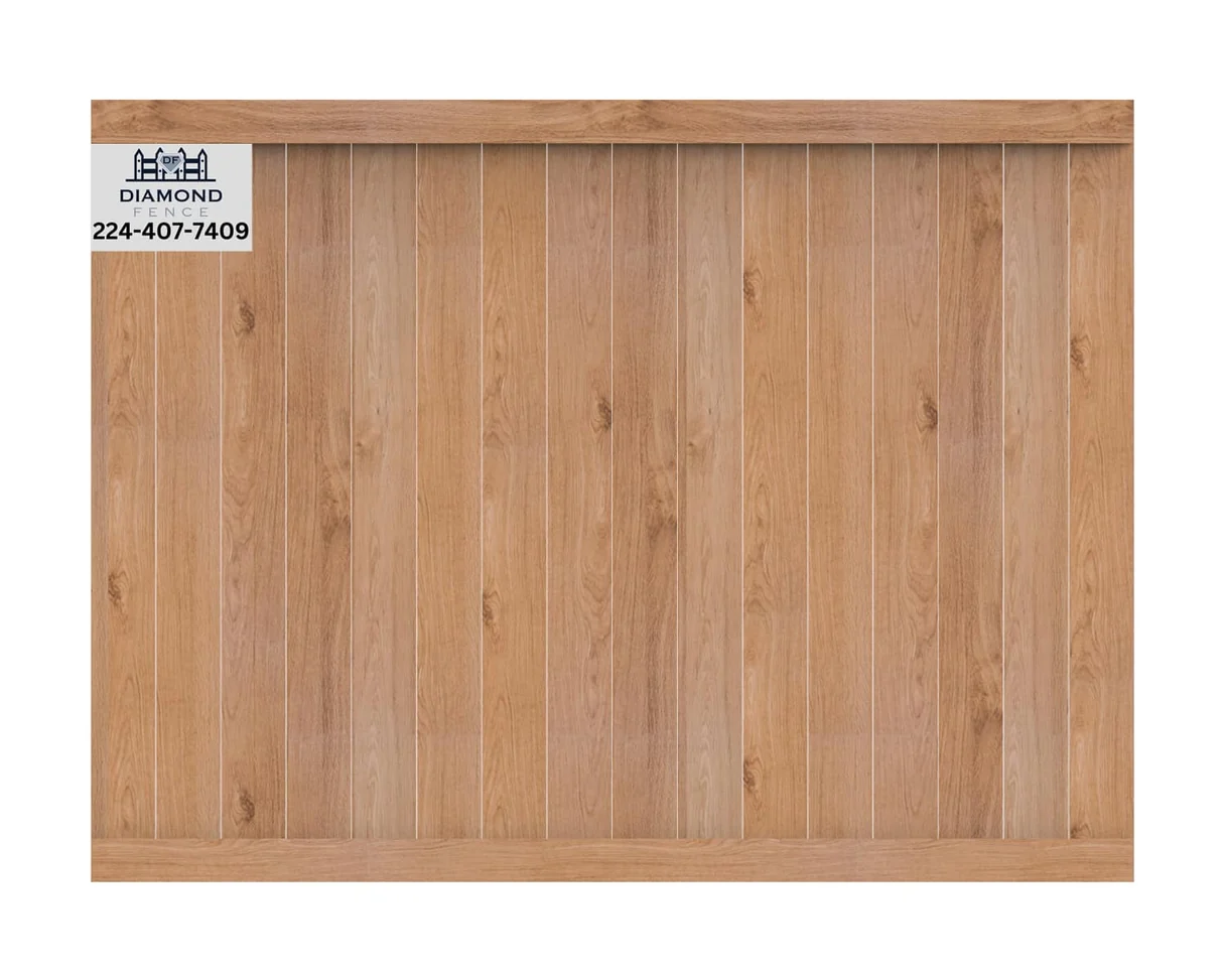 Traditional flat-top wooden privacy fence with tightly spaced vertical planks and framed rails, ideal for backyards, pools, or noise reduction in Chicagoland homes
