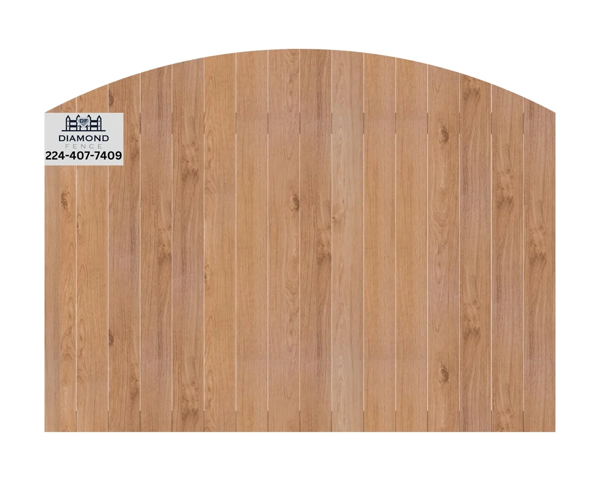 Full-height solid wood privacy fence with elegant arched top profile, seamless vertical boards offer maximum seclusion and refined curb appeal; includes Diamond Fence logo and phone (224-407-7409)