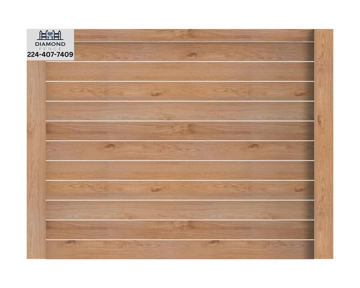 Full-height solid wood privacy fence with gently curved top edge, provides complete seclusion while adding architectural flair; features Diamond Fence branding