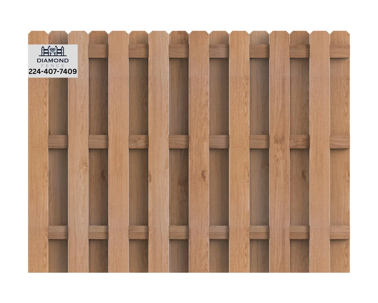 Solid board wood fence topped with decorative diamond lattice panel, combines full privacy below with ornamental openness above; branded with Diamond Fence contact info