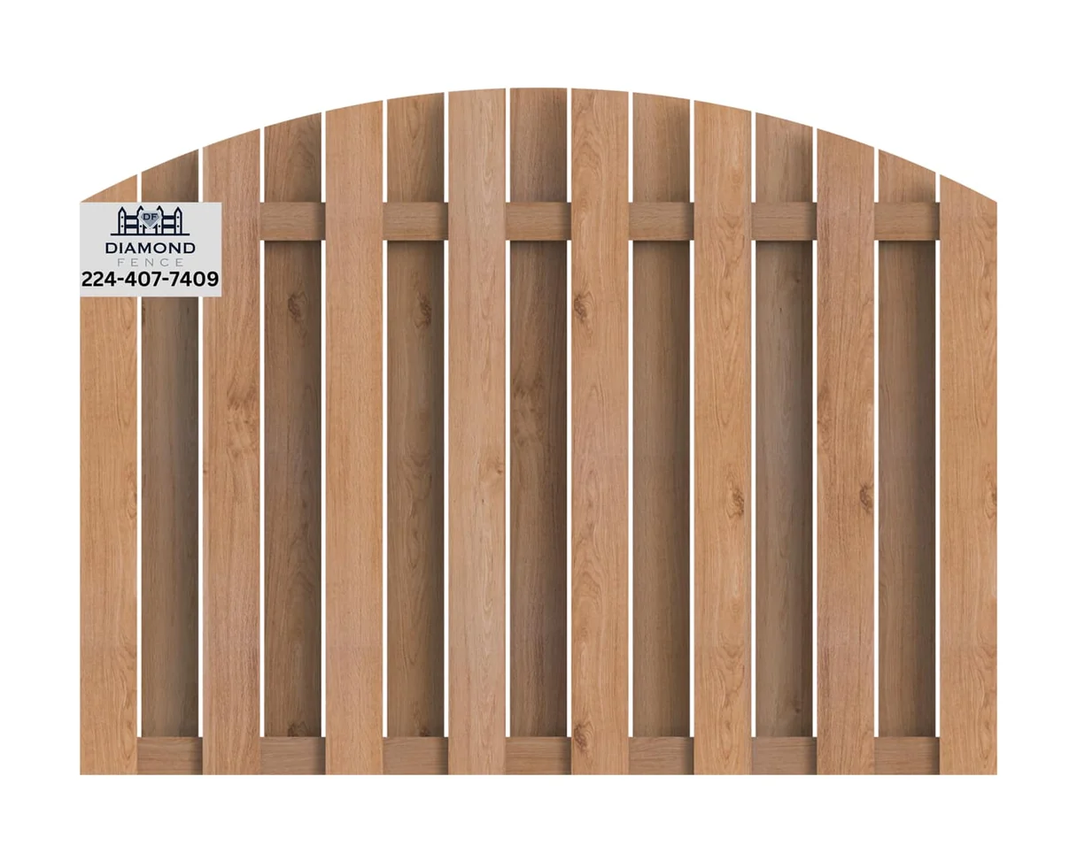 Elegant arched-top shadowbox wood fence with alternating pickets and dual horizontal rails, offers privacy, airflow, and classic curb appeal; includes Diamond Fence logo and phone (224-407-7409)