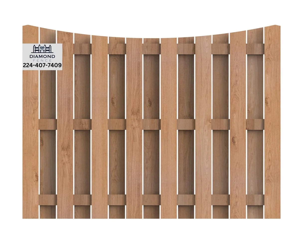 Shadowbox wood fence with arched top profile and alternating pickets, blends traditional charm with modern functionality; features Diamond Fence branding and local number