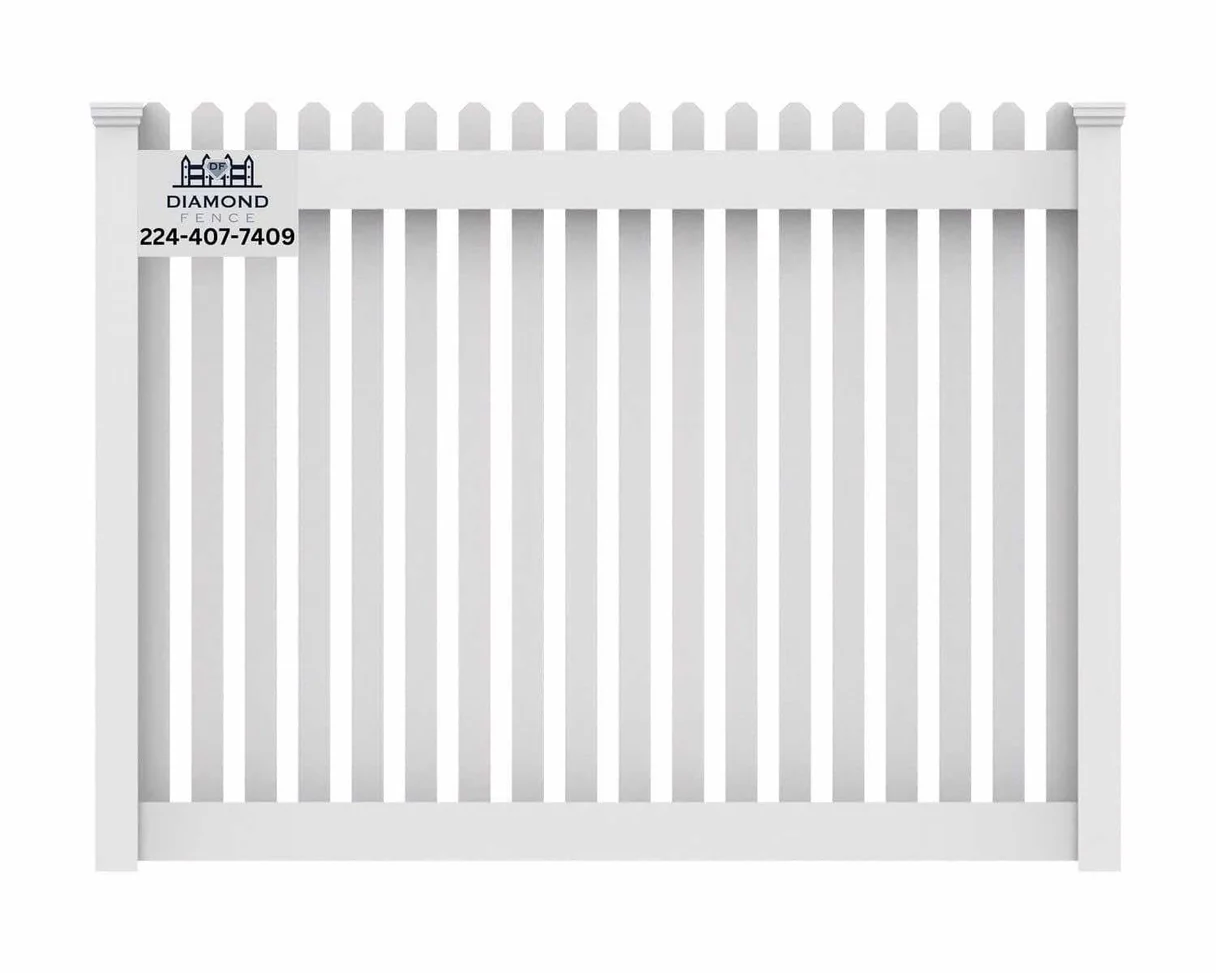 Timeless white vinyl picket fence with evenly spaced vertical slats and decorative top caps, perfect for residential front yards and gardens