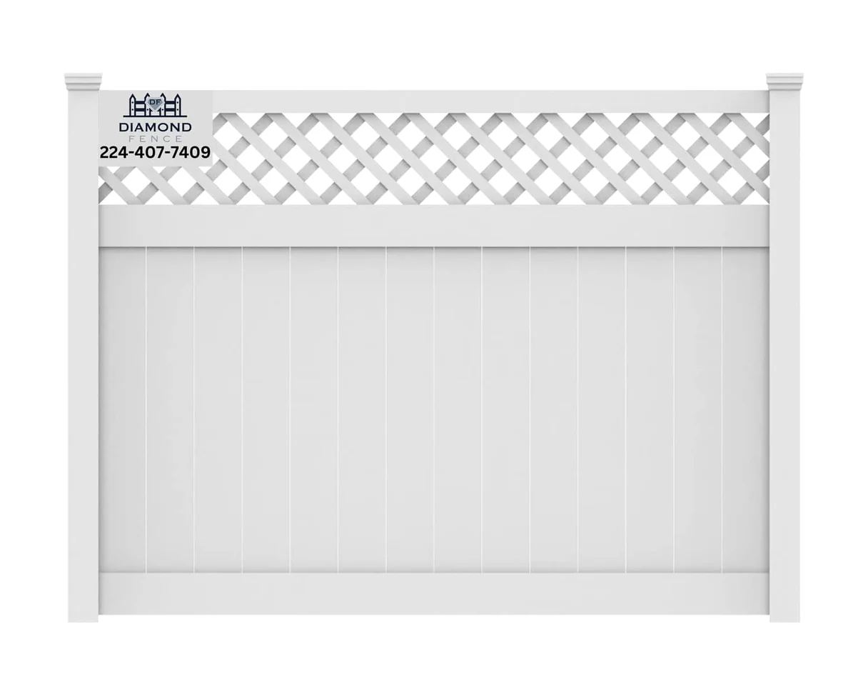 Elegant white vinyl privacy fence featuring solid lower panels and diamond lattice top section, combining full seclusion with decorative flair