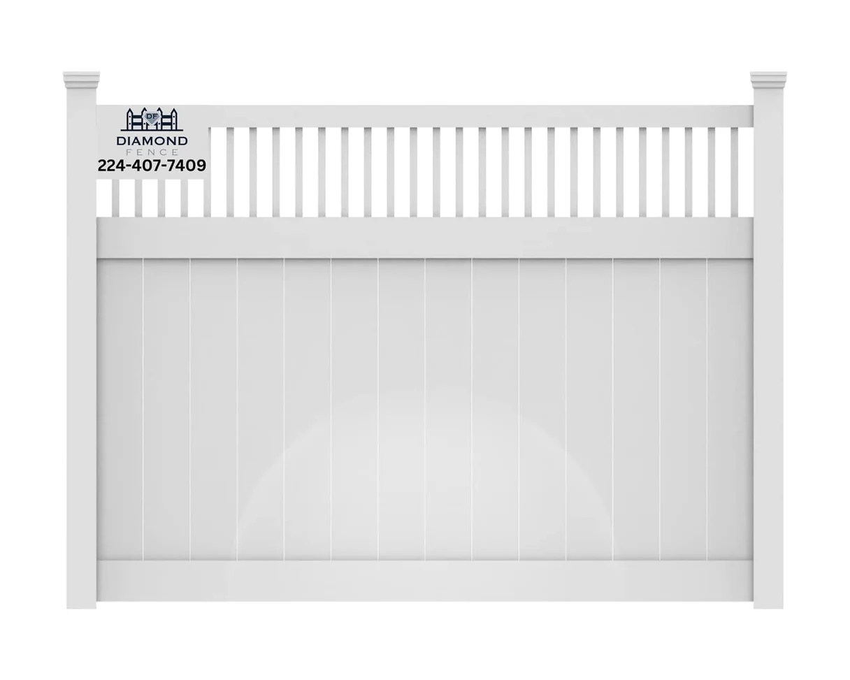 Modern white vinyl privacy fence with clean vertical picket design on upper third, adding architectural interest while maintaining full privacy below