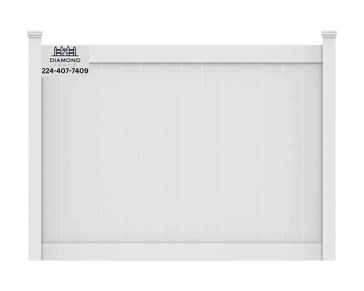 Seamless solid white vinyl privacy fence with tightly fitted vertical boards offering maximum security, noise reduction, and low-maintenance beauty